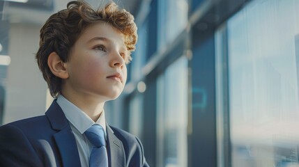 Wall Mural - Cinematic snapshot of a suited individual with the resemblance of a young boy, taking a moment of reflection by the window in a corporate office 02