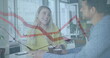 Image of data processing and red lines over caucasian couple in cafe
