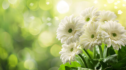 Poster - White gerbera flowers in bloom with green leaves on a blurred background give a refreshing feeling.