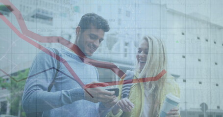 Poster - Image of data processing over caucasian couple using smarphone