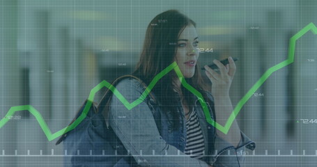 Poster - Image of data processing over biracial woman using smartphone