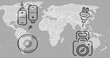Image of technology icons over world map on grey background