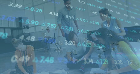 Poster - Image of financial data processing over diverse businesspeople in office
