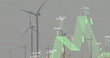 Image of diagrams and data processing over field with wind turbines