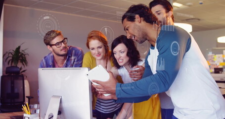 Aufkleber - Image of data processing and diagrams over diverse business people discussing work