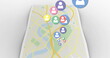 Image of multiple colourful digital social media people icons over map