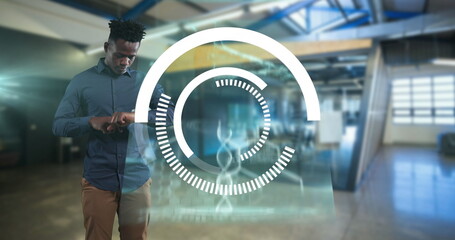 Poster - Image of floating circle and medical images over African American man checking his smartwatch