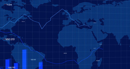 Poster - Image of data processing and diagram on world map on the blue background