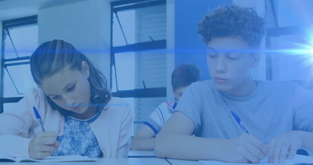 Poster - Image of caucasian male and female students writing test at school