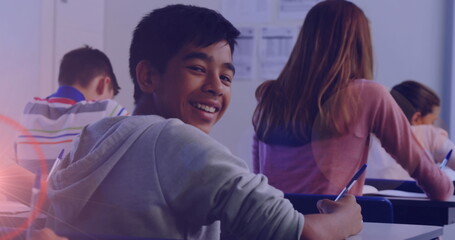 Poster - Image of back view of diverse students writing test at school