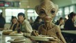 Cinematic moment of an amiable extraterrestrial sharing a snack with their classmates during lunchtime, the cafeteria buzzing with conversation and the clatter of trays 01