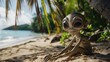 Cinematic moment of an amiable alien basking in the warmth of the sun on a secluded stretch of sandy beach, with palm fronds swaying gently in the tropical breeze 01