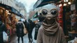 Cinematic moment of a friendly alien soaking in the vibrant atmosphere of a bustling street market in Paris, with colorful stalls and lively vendors softly blurred in the background 01