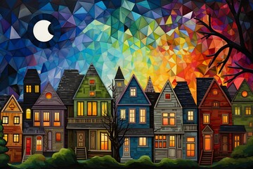 A quiet street lined with houses, their walls in patchwork quilt patterns, under a quilted night sky ,  illustration