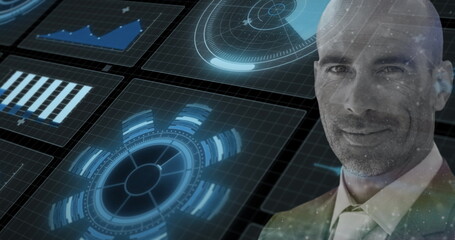 Poster - Image of data processing and caucasian businessman smiling on black background