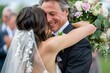 Up-close perspective of a young brunette bride's joyful embrace with her father, both overcome with emotion as they share a tender moment before he walks her down the aisle to her soon-to-be spouse 02