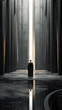 A lone cloaked figure stands before a lighted abstract entrance.