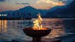 Ceremony of the ascension of the Olympic flame. Summer Olympic Games. Burning torch with fire background. Symbols of sport, relay race, competition victory, champion or winner. Beautiful maintains.