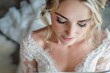 Detailed shot of a blonde bride's blue eyes welling up with tears of happiness as she reads a heartfelt letter from her soon-to-be spouse on her wedding morning, surrounded by bridal accessories