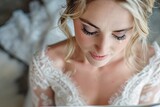 Fototapeta Do akwarium - Detailed shot of a blonde bride's blue eyes welling up with tears of happiness as she reads a heartfelt letter from her soon-to-be spouse on her wedding morning, surrounded by bridal accessories