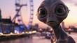 Cinematic image of a friendly alien enjoying a scenic river cruise along the Thames in London, with iconic landmarks like the London Eye softly blurred in the background 03