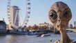 Cinematic image of a friendly alien enjoying a scenic river cruise along the Thames in London, with iconic landmarks like the London Eye softly blurred in the background 02