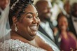 Close-up shot of the obese bride's radiant smile, her eyes brimming with tears of joy as she celebrates with loved ones 04