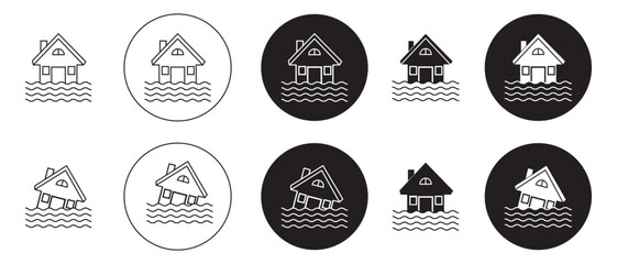 Poster - Flooded house icon set. river flood disaster vector symbol. hurricane home sign for ui designs in black filled and outlined style.