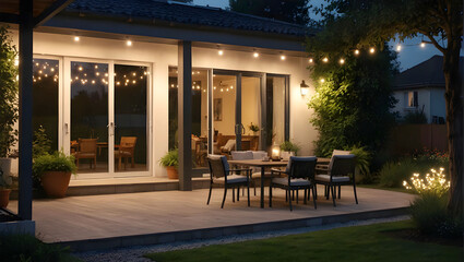Beautiful suburban house patio in summer evening with garden lights.