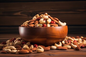 Wall Mural - Mix of nuts in bowl on wooden background