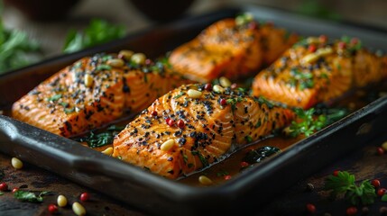 Sticker -   A pan filled with salmon, seasoned and topped with sprinkles, on a wooden cutting board