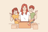 Fototapeta Kwiaty - Mother and children prepare donation boxes, wanting to be useful to society and volunteer. Happy family calls for donation to charitable foundations that need help from caring people