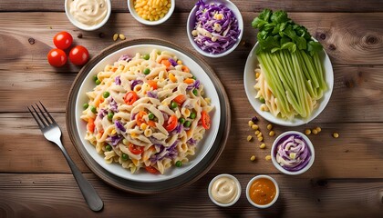 Wall Mural - Homemade macaroni salad with elbow pasta and canned tuna, carrot, Purple cabbage, tomato, corn, green peas and mayonnaise dressing in a white plate on wooden table. Top view
