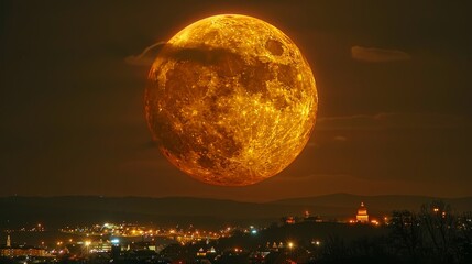 Wall Mural -   A large, yellow full moon dominates the night sky above a city, silhouetted against a dark backdrop of stars and clouds Mountains peer over the horizon in the distance
