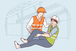 Construction worker helps colleague broke leg and was injured at work due to safety violation. Man in construction uniform needs doctor help and compensation after incident while working.