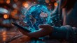 Technology and Communication: A photo of a person using a smartphone with a holographic globe projectio