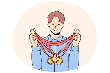 Wall Mural - Smiling sportsman with numerous golden medals on neck. Happy man athlete with gold prize. Sport and achievement. Vector illustration.