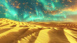 Glowing sands beneath an electric auroral sky, a desert where each pixel shines in blues and greens.