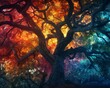 A depiction of a majestic tree with vibrant, contrasting colors representing the duality of good and evil ,close-up,ultra HD,digital photography