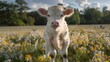 © Anna - A tight shot of a cow amongst flowers in a field, surrounded by distant cows Trees and clouds populate the background