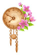 Springtime arrangement with vintage clock and sakura branch. Spring pink cherry flowers and retro chimes. Watercolor clip art for greeting card or invitation.