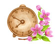 Springtime arrangement with vintage clock and sakura branch. Spring pink cherry flowers and retro chimes. Watercolor clipart for greeting card or invitation.