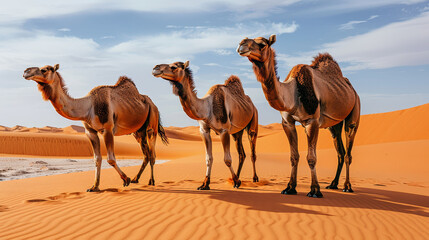 Sticker -   Three camels traverse a sandy expanse beneath a blue sky adorned with white clouds