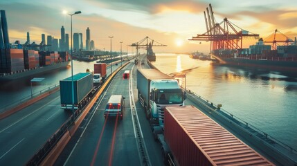 Wall Mural - Container truck in ship port for business Logistics and transportation of Container Cargo ship and Cargo plane with working crane bridge in shipyard at sunrise, logistic import export and transport