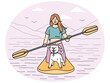 Smiling woman with cute dog sailing on paddle board in sea. Happy girl with puppy enjoy activity on SUP board in summertime. Vector illustration.