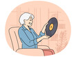 Smiling elderly woman relax at home listen to vinyl. Happy mature grandmother enjoy retro music. Hobby and leisure. Vector illustration.