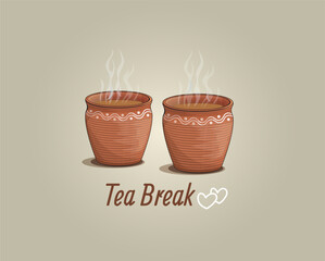 Vector illustration of clay tea cups. Indian traditional tea cup with hot tea Vector. Hand drawing Tea break Vector illustration.