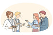 Smiling employees talk during coffee break at conference. Happy diverse businesspeople networking at lunch break at work seminar. Vector illustration.
