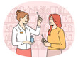 Woman client buying perfume in beauty shop. Consultant help girl customer with cosmetics purchase in store or boutique. Vector illustration.
