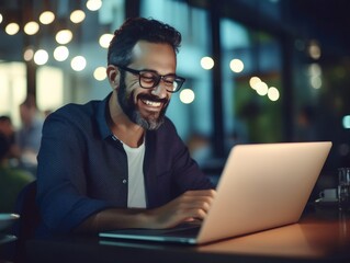 Smiling Caucasian business man in Glasses Working on Laptop in office early morning